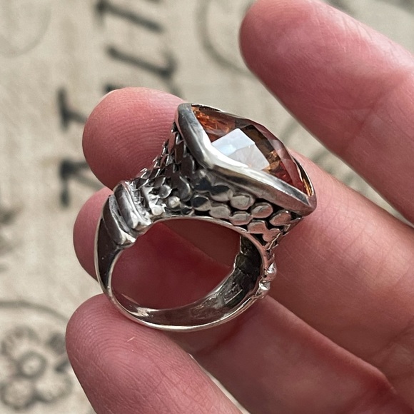 Cushion cut orange crystal sterling silver dot design heavy set size 6.0 ring - Picture 10 of 15